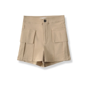 Detail of khaki high waist cargo shorts featuring large flap pockets and black button