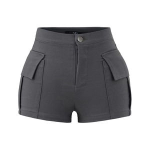Detailed view of dark grey high-waisted cargo shorts with large flap pockets and metal button