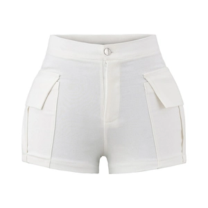Detailed view of white high-waisted cargo shorts featuring side pockets and fine stitching