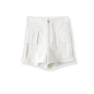 Detail of high-waist white cargo shorts with metallic button and utility pockets