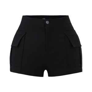 Close-up of black high-waisted hot pants featuring cargo flap pockets and button detail