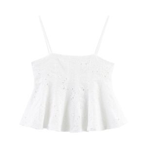Witte camisole top met ajourborduurwerk, golvende zoom en fijne schouderbandjes