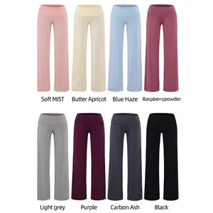 Pantaloni Donna Casual Vita Alta Risvoltata Gamba Dritta Gamba Larga Morbida Viscosa Elastica Yoga Lounge Pantaloni