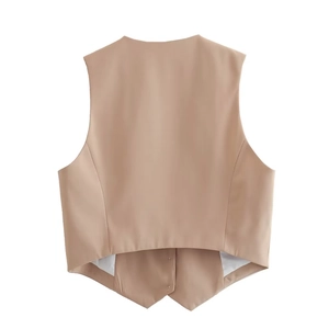 Detail view of khaki sleeveless vest back featuring a unique symmetrical pointed hem design