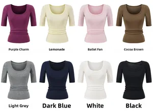 Close-up of slim fit U-neck ribbed T-shirts in eight vibrant solid colors for women
