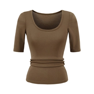 Detail of the waist ruching and stretchy brown fabric on this slim fit scoop neck top