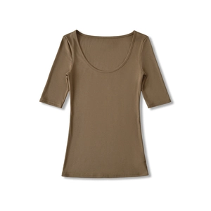 Close-up of olive brown slim fit T-shirt featuring a deep U-neck and half sleeves