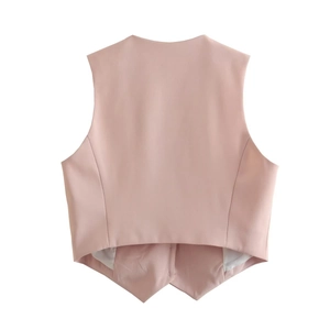 Detailed back view of a light pink sleeveless waistcoat with a triangular split hem design