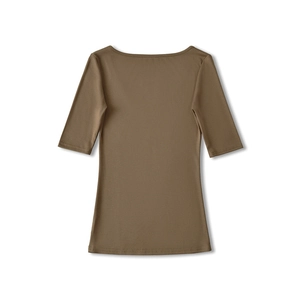 Detail view of smooth coffee brown knit fabric and stitching on slim fit u-neck top