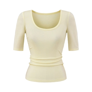Slim fit women's low U-neck t-shirt with half sleeves in soft beige stretch fabric