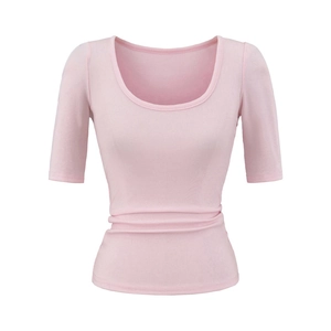 Close-up of light pink slim fit top showing ribbed knit fabric texture and round neckline
