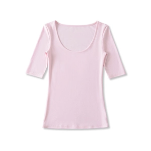 Flat lay of pink scoop neck slim fit t-shirt with medium sleeves on white background