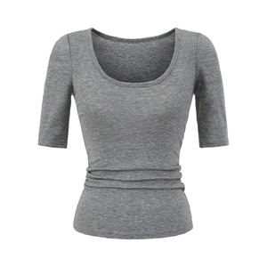 Close-up of grey scoop neck T-shirt featuring slim fit cut and elastic ribbed fabric detail