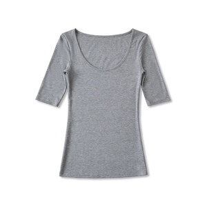 Detailed flat lay of heather grey slim fit U-neck T-shirt with mid-length sleeves