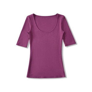 Detail of dark purple slim-fit t-shirt showing the soft cotton fabric and low U-neckline