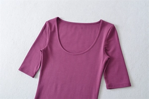 Detailed flat lay of a deep burgundy U-neck slim fit mid-sleeve stretch T-shirt