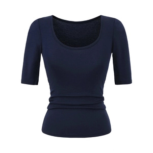 Detail view of the ruched waist design on a slim fit navy blue short sleeve t-shirt