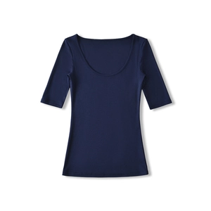 Flat lay of navy blue slim fit U-neck T-shirt with half sleeves on white backdrop