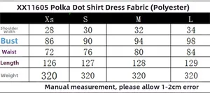 Tableau des tailles pour robe chemise à pois pour femme avec mesures détaillées en cm
