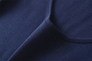 Close-up of the double-stitched neckline on this navy blue slim fit cotton t-shirt