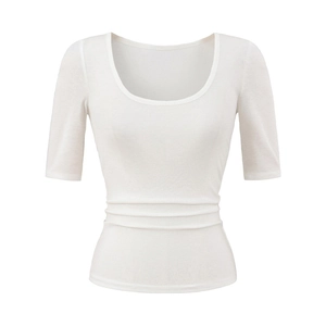 Slim fit white scoop neck half sleeve top with ruching detail for women