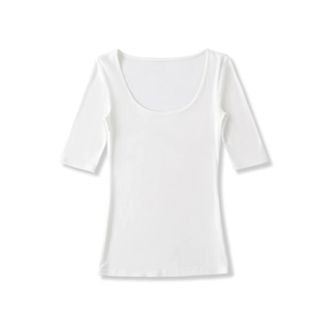 Close-up detail of white slim fit scoop neck T-shirt with comfortable elastic fabric