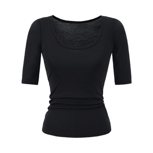 Detail view of the deep U-neck and ribbed fabric texture on the black slim fit t-shirt