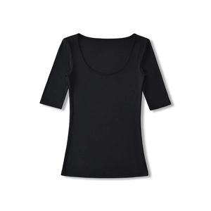 Close-up of black slim fit T-shirt showing high-quality fabric and deep U-neckline detail