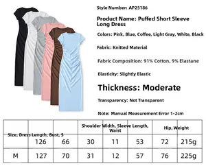 Size chart for pleated short sleeve maxi dress with 91% cotton and spandex fabric details