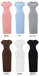 Collage of short-sleeve ruched maxi dresses in pink, blue, grey, coffee, white and black