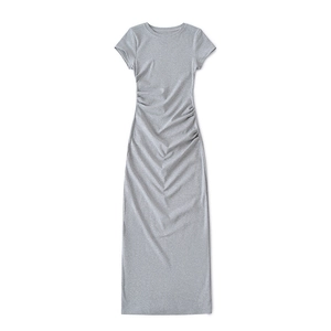 Slim fit grey short sleeve maxi dress with ruched side details and round neck
