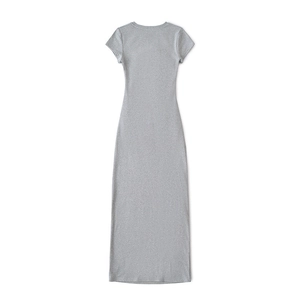 Minimalist grey short sleeve slim fit pleated maxi dress on a clean white background