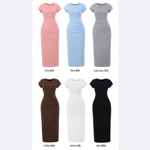 Short sleeve ruched maxi dress available in pink, blue, grey, brown, white and black