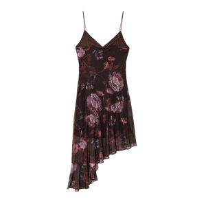 Vintage bloemenjurk met V-hals, asymmetrische ruchezoom en verfijnde kanten details