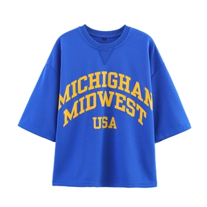 Oversized royal blue Michigan Midwest USA graphic T-shirt with vintage yellow print