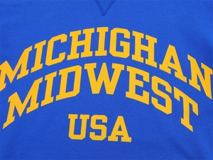 Detail of Michigan Midwest USA vintage print on blue cotton sweatshirt with V-stitch
