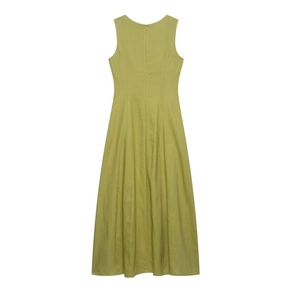 Detail showing the invisible zipper closure on the back of olive green linen midi dress