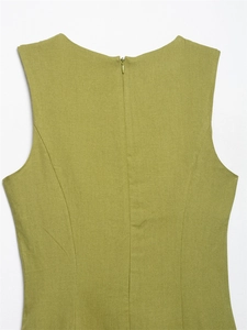 Detailed back view of olive green linen dress with invisible zipper and slimming darts