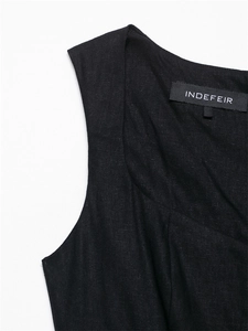 Close-up of black sleeveless linen midi dress neckline showing fine woven fabric texture