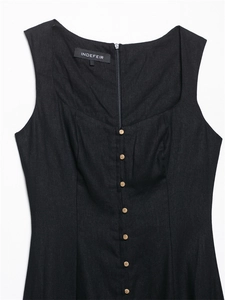 Detail of square neckline with wooden buttons on black linen sleeveless midi dress