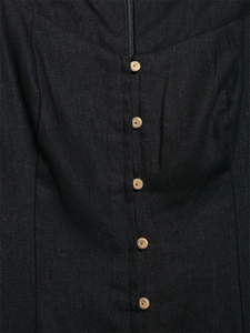 Detail of vintage round buttons and hidden zipper on a black linen midi dress for women