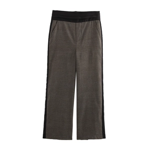 Pantaloni donna a vita alta con motivo a quadri grigi a gamba larga e strisce laterali
