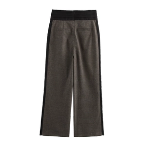 Pantaloni a vita alta gamba larga da donna con motivo a quadri grigi e bande nere