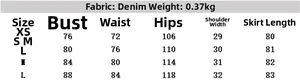 Size chart for women's denim dress listing fabric details and measurements from XS to L