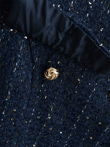 Makrodetail von dunkelblauem Tweedstoff mit Pailletten und einem goldenen Metallknopf