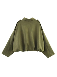 Macro shot of olive green wool blend aviator jacket showing epaulettes and fabric texture