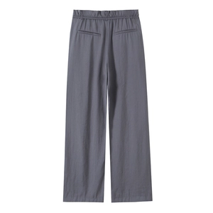 Rückansicht der dunkelgrauen High-Waist-Hose für Damen mit weitem Bein und elastischem Bund