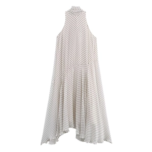 Polka dot halter neck sleeveless dress with irregular hem in white and black