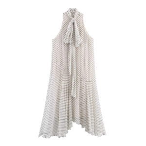 Elegant beige polka dot halter dress with bowtie neck and irregular ruffle hemline