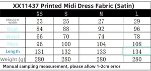 Size chart detail for the floral satin midi dress showing measurements in centimeters